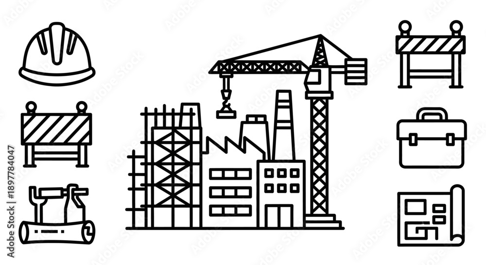 Fototapeta premium Industrial Construction Line Icons: Factory, Tower Crane, Hard Hat, Blueprint, and Scaffolding Development Outline Vector Set.