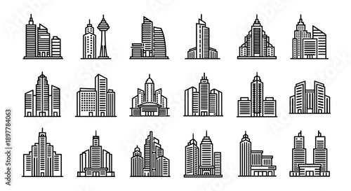 Set of Modern Skyscraper Icons and Urban City Buildings. Vector Outline Line Art Collection for Real Estate, Business, and Architecture Design.