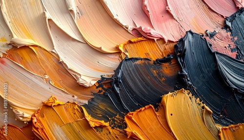 Vibrant abstract art featuring thick brushstrokes of orange, black, and beige hues in a textured, layered composition