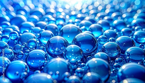 A cluster of blue spheres floating closely together, viewed from a close-up perspective, showcasing their reflective surfaces and varying sizes in a densely packed environment.