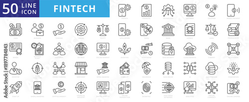 fintech icon outline pack contains financial, technology, high speed network, fraud detection, online payment, mobile banking, digital identity, prerequisites, cryptocurrency, blockchain, ai
