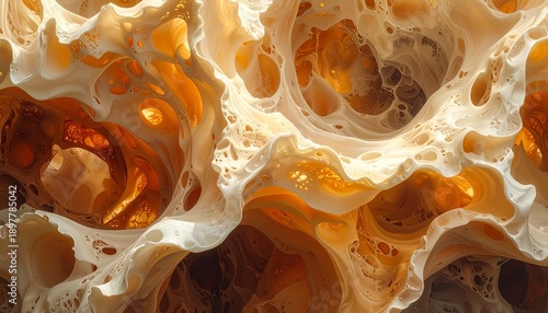 Intricate patterns of a porous, abstract structure are visible in this close-up view of a natural formation.