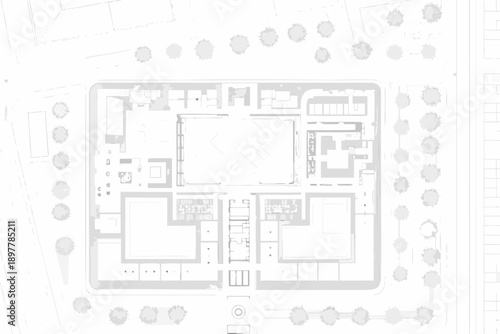 Architectural blueprint of a complex building with surrounding landscaping