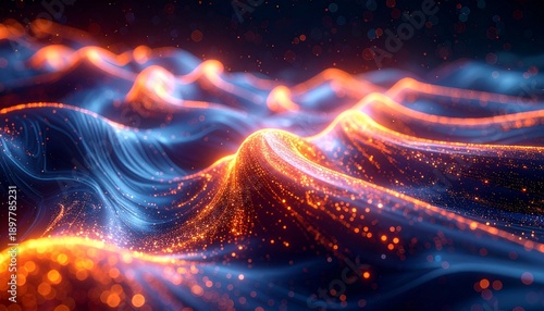 Vibrant waves of light dance across a dark, abstract background, illuminated by glowing particles, from a close-up viewpoint