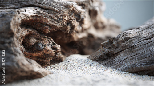 A piece of driftwood resting on a sandy surface