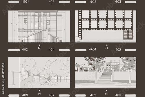 Architectural film frames depicting building facades and surrounding landscapes
