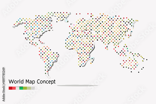 A colorful dotted world map illustration with continental outlines