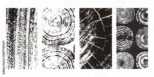 Abstract black and white patterns resembling tree rings and textures