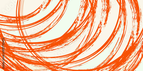 Abstract orange brushstrokes swirl against a pale blue background