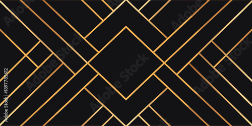 Geometric art deco pattern with intersecting golden lines on black