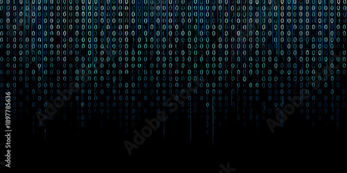 Digital rain of binary code cascading down a dark background