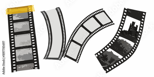 Three strips of vintage film with sprocket holes and yellow tape