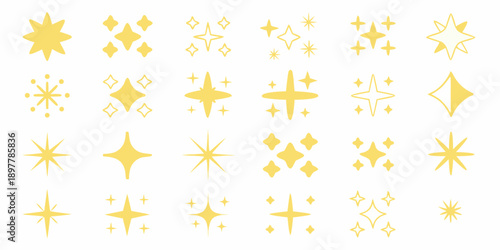 Collection of bright yellow starbursts and sparkling star shapes