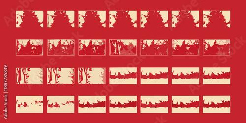 Abstract arrangement of fragmented shapes on a red background