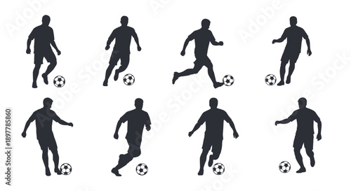 Dynamic soccer player silhouettes in various action poses showcasing dribbling kicking and running with a ball presented on a clean white background