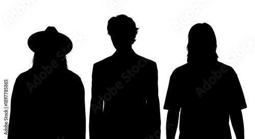 Diverse group of three people silhouetted against a bright white background showcasing distinct styles and headwear for conceptual representation