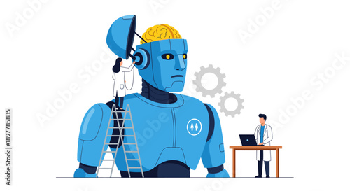 Advanced robot brain surgery concept tiny engineers meticulously repair and upgrade a giant blue humanoid robot's intricate neural network with tools