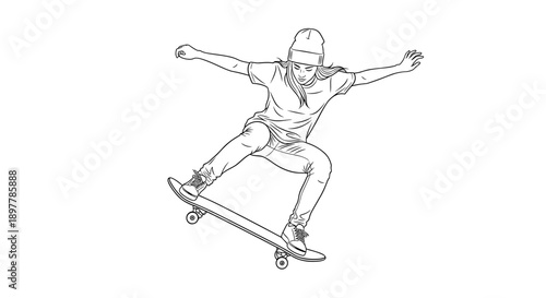 Dynamic sketch of a young skateboarder performing an aerial trick with arms outstretched captured mid air against a clean white background embodying