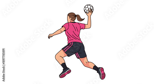 Dynamic female handball player in pink jersey and dark shorts mid air executing a powerful throw with the ball held high capturing athletic motion