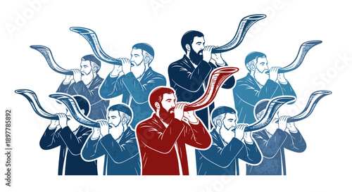 Group of men in silhouette playing shofars a jewish religious wind instrument with a dominant figure in red symbolizing tradition and spiritual