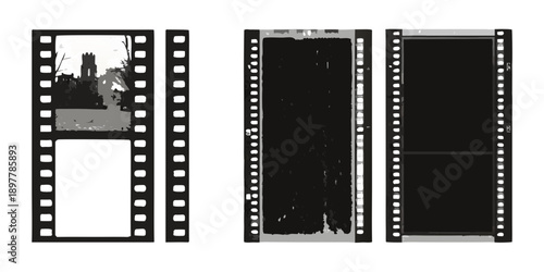 Three strips of black and white film negative with varying image visibility