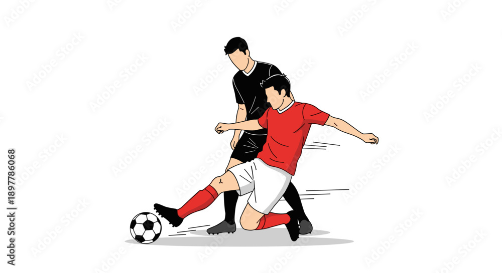 Fototapeta premium Dynamic illustration of two soccer players in action one in a red shirt and white shorts kicking a ball the other in a black shirt defending depicted