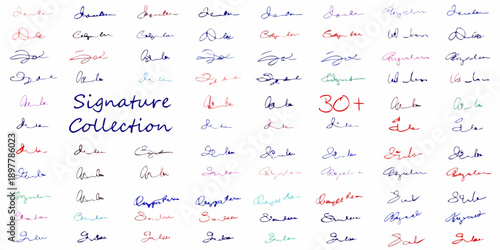 A diverse collection of handwritten signatures and numerical annotations