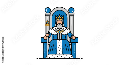 Majestic king in regal blue robes and golden crown seated on ornate throne holding scepter symbolizing power authority and royal governance in a flat