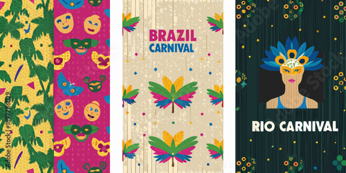 Brazilian carnival themed banners with masks fruits and festive designs