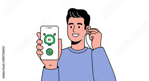 Smiling young man holding smartphone displaying ai chatbot interface with green robot icon and communication symbol inserting earbud for audio