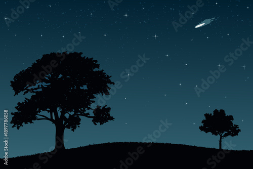 A silhouetted landscape with trees under a starry night and comet