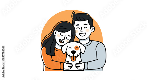 Joyful couple embracing their beloved dog illustrating strong family bonds and unconditional love in a heartwarming simple illustration with a soft