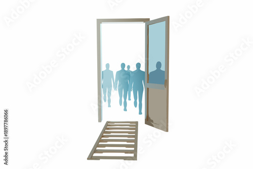 An open doorway reveals silhouetted figures walking toward the viewer