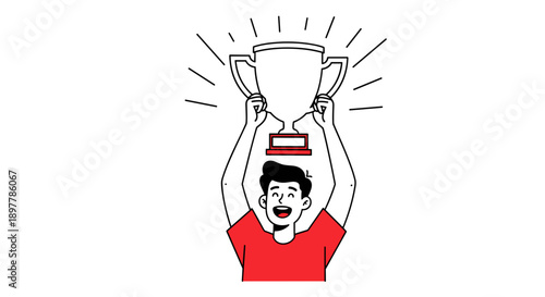 Excited young man in red shirt triumphantly holding up a large golden trophy above his head with radiating lines symbolizing success and achievement