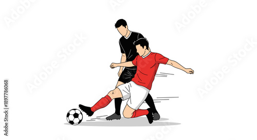 Dynamic illustration of two soccer players in action one in a red shirt and white shorts kicking a ball the other in a black shirt defending depicted