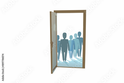 An open doorway reveals silhouettes of multiple people standing within