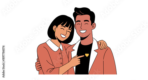 Joyful young couple embracing with affection woman pointing to heart symbol on man's chest celebrating love and connection with warm smiles and happy