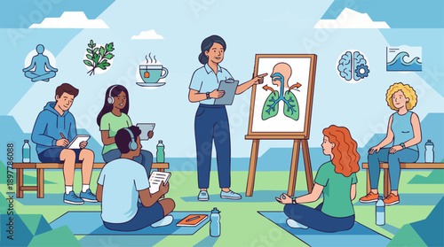 Anatomy and wellness class outdoors with an instructor teaching about the respiratory system to a diverse group of students.