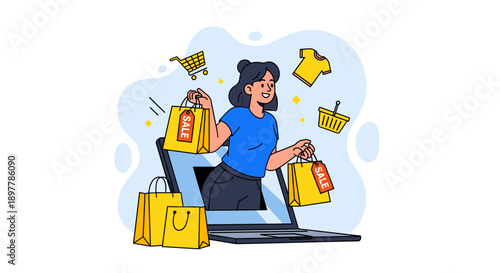 Woman happily shopping online from laptop surrounded by shopping bags clothing items and shopping carts illustrating e commerce and digital retail