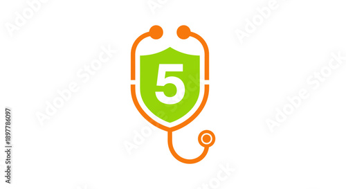 Abstract medical shield emblem with a stethoscope encircling the number 5 symbolizing healthcare protection safety and a high rating for medical