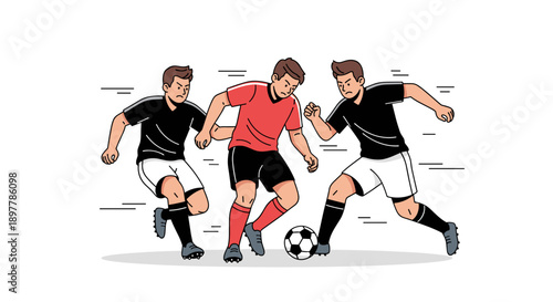 Dynamic illustration of three male athletes in athletic uniforms intensely competing for a soccer ball on a clean white background capturing the spirit