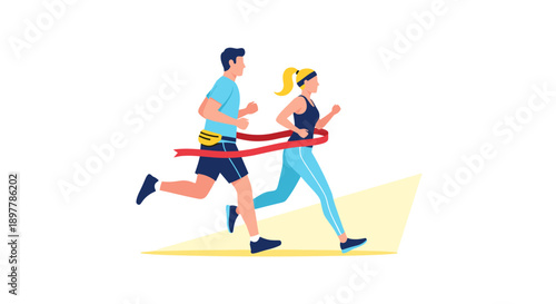 Diverse couple celebrating victory crossing finish line ribbon in competitive running race achieving athletic goal with energy and determination vibrant