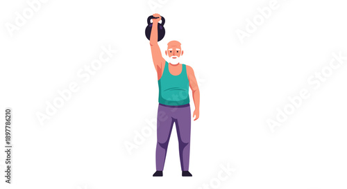 Energetic elderly man with white beard lifting heavy black kettlebell overhead in a dynamic pose showcasing strength and active senior lifestyle