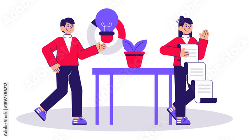 Creative team working around a table with lightbulb and checklist for startup development