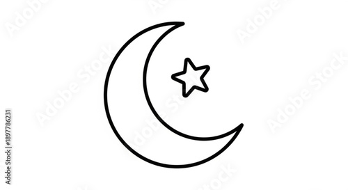 Crescent moon with star symbol simple black line art on white background representing night sky and celestial body in minimalist style