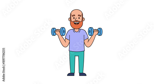 Energetic smiling bald man with a beard wearing a purple t shirt and blue pants performing bicep curls with two blue dumbbells in a clean bright white