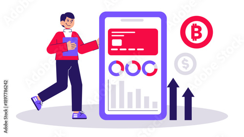 Man holding tablet next to a large smartphone displaying crypto charts and credit card with bitcoin icons