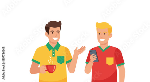 Two smiling cartoon men one holding a steaming coffee cup and gesturing the other holding a smartphone engaged in a friendly conversation in a casual