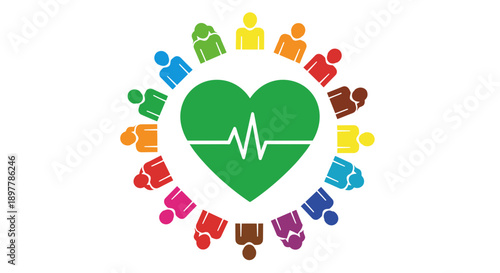 Diverse community embracing a vibrant green heart with a cardiogram pulse symbolizing unity health and interconnected support systems in a bright clean