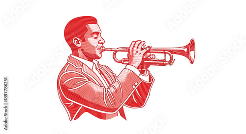 Vintage red illustration of a man in a suit playing a trumpet with energy and passion capturing the essence of jazz music and performance in a classic